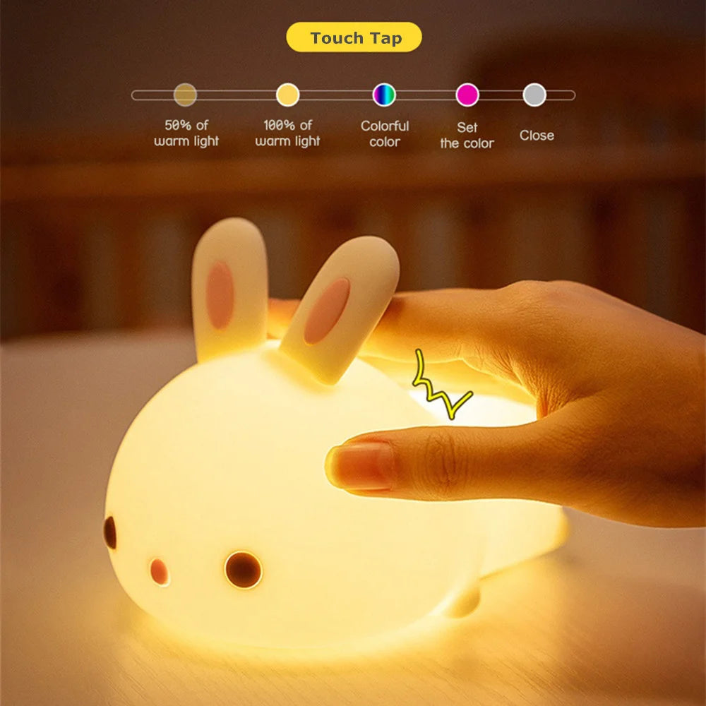 Cute Bunny Rabbit Night Light | Soft Silicone | USB Rechargeable | Multiple Glow Accents