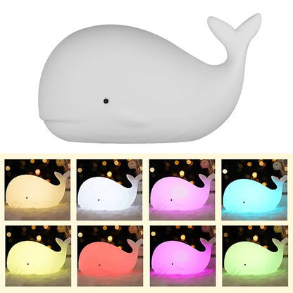 Cute Whale Night Light | Soft Silicone | USB Rechargeable | Multiple Glow Accents
