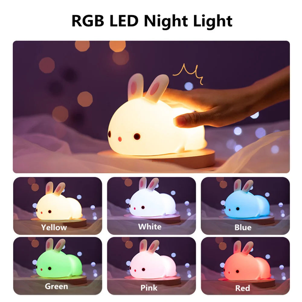 Cute Bunny Rabbit Night Light | Soft Silicone | USB Rechargeable | Multiple Glow Accents