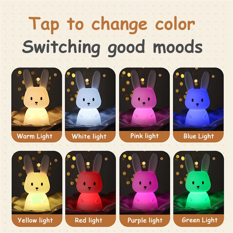 Cute Bunny Night Light | Soft Silicone | USB Rechargeable | Multiple Glow Accents